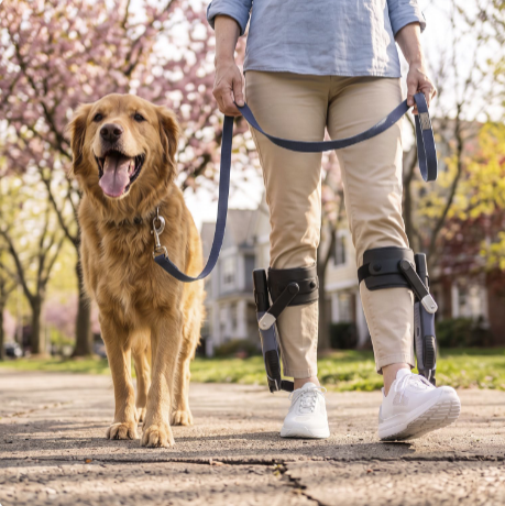Walking a dog on a tree-lined street with the Sidekick™